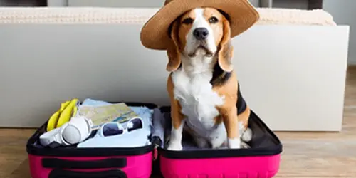 Havaalanında sahibiyle bekleyen pasaportlu ve mutlu köpek, yurt dışına evcil hayvan taşıma hazırlığı.